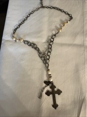 Pearl Accent Dark Metal Cross Necklace - Women Jewelry